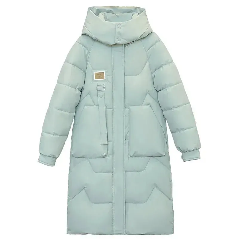 2024 Winter Parka Woman Long Jacket Hooded Thicken Loose Zipper Pockets Warm Snow Wear New Casual Female Down Cotton Padded Coat