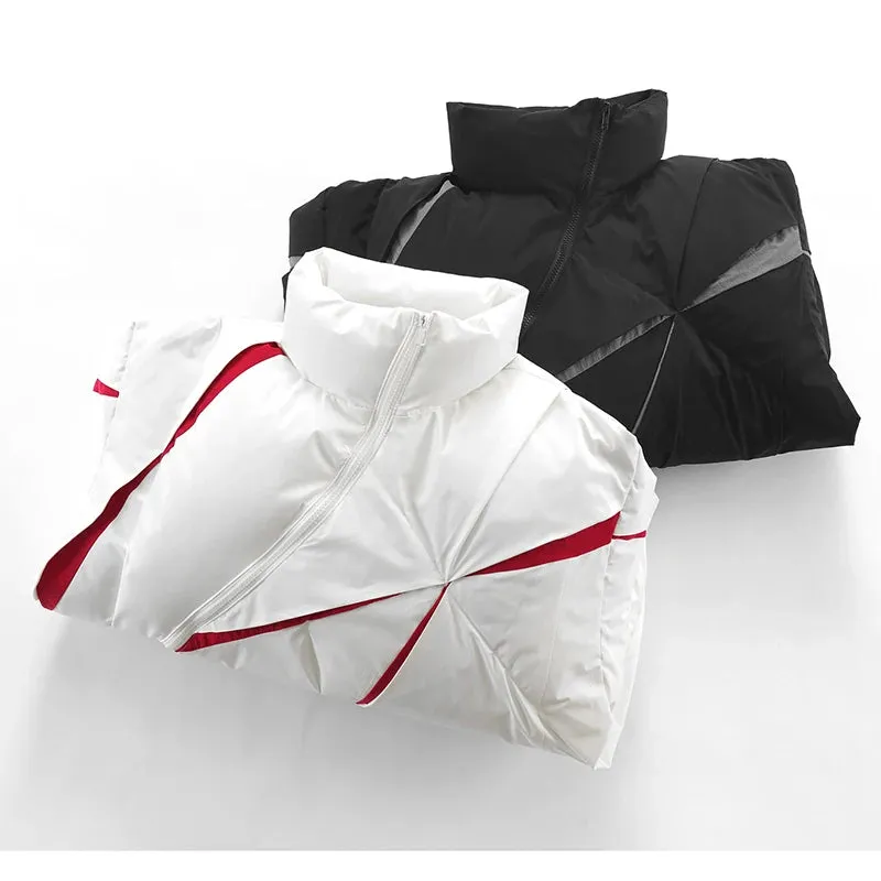 Aidase Irregular Color Block Stand Collar Parkas Men High Street Diagonal Zipper Bubble Puffer Coats Hip Hop Fold Padded Jackets Unisex