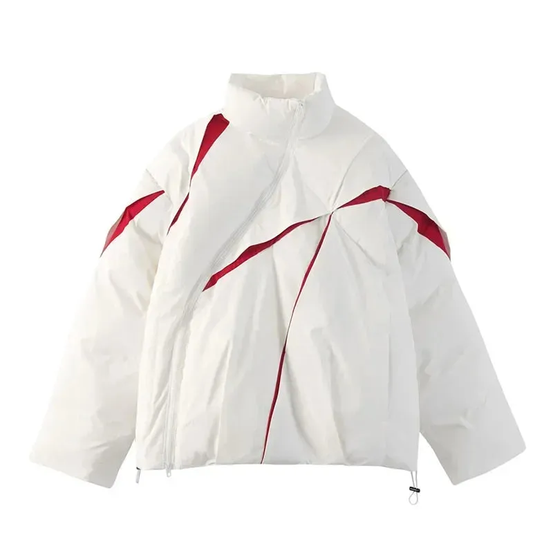 Aidase Irregular Color Block Stand Collar Parkas Men High Street Diagonal Zipper Bubble Puffer Coats Hip Hop Fold Padded Jackets Unisex