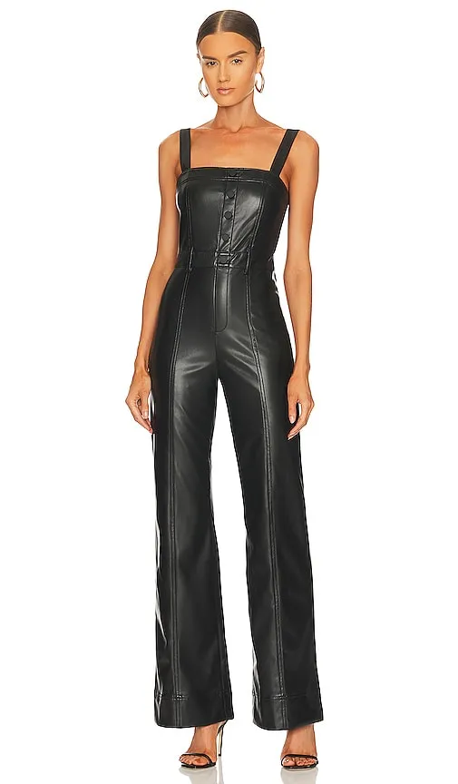 Alice   Olivia Linette Vegan Leather Jumpsuit in Black