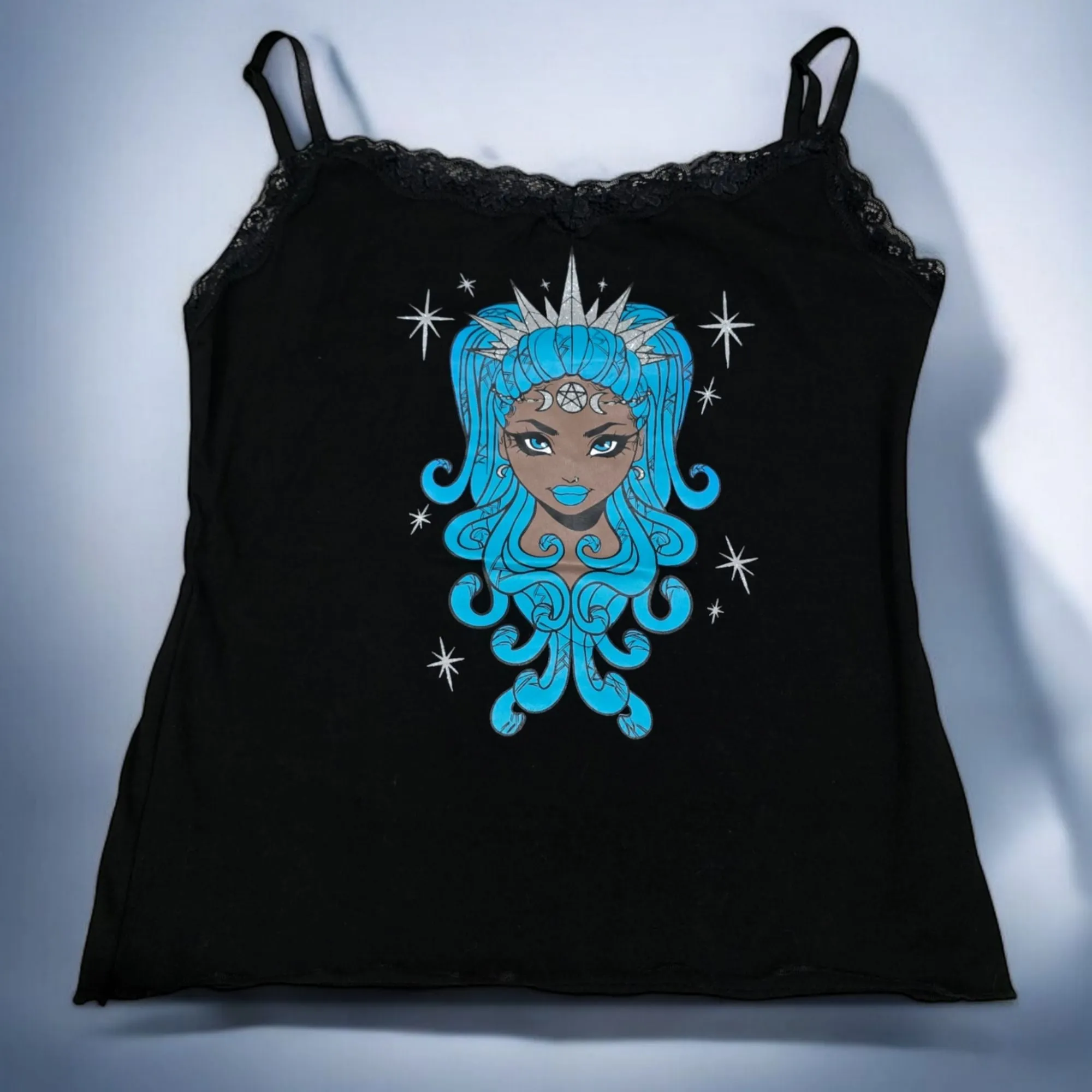 Black Lace Trim Camisole With A Mystical Goddess Graphic