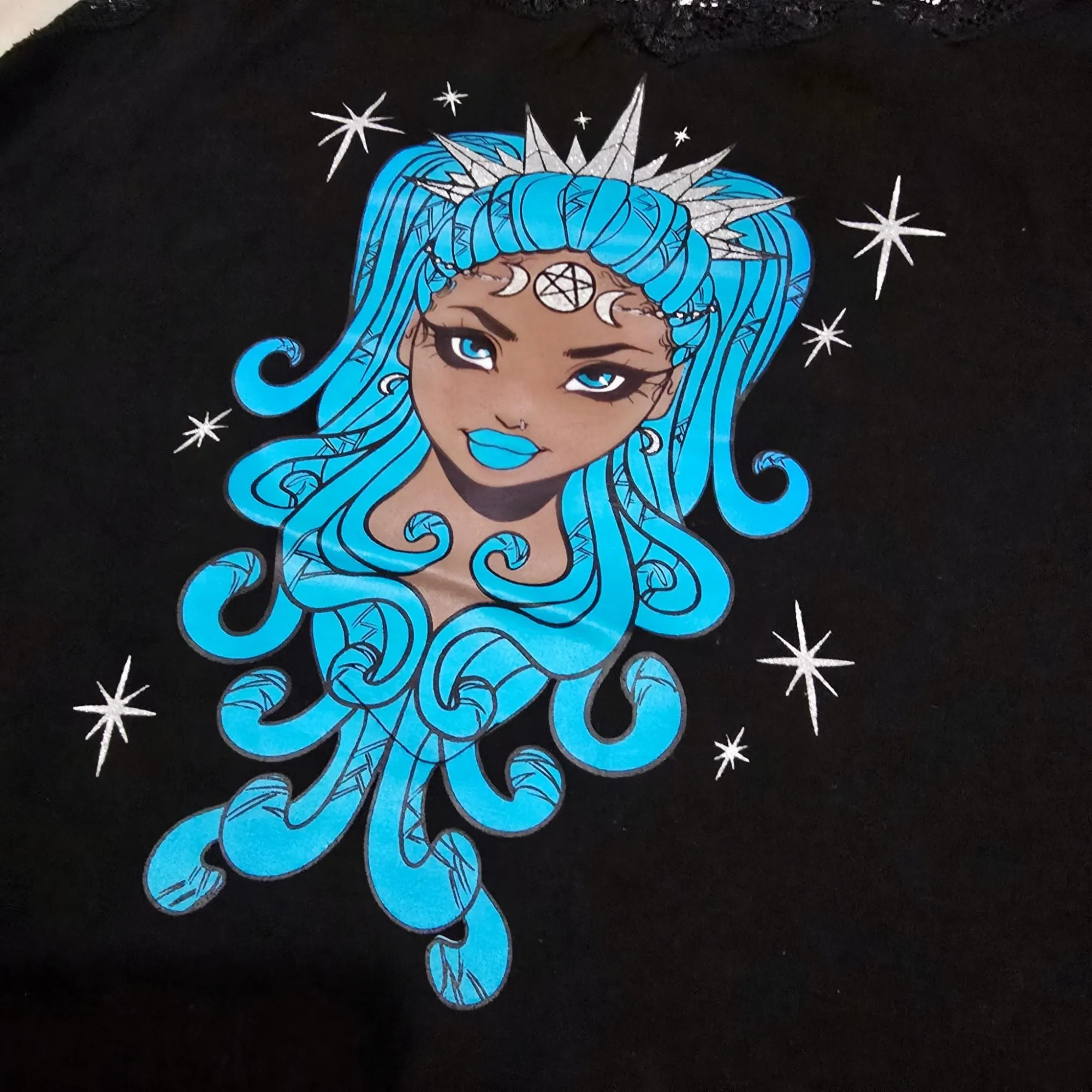 Black Lace Trim Camisole With A Mystical Goddess Graphic