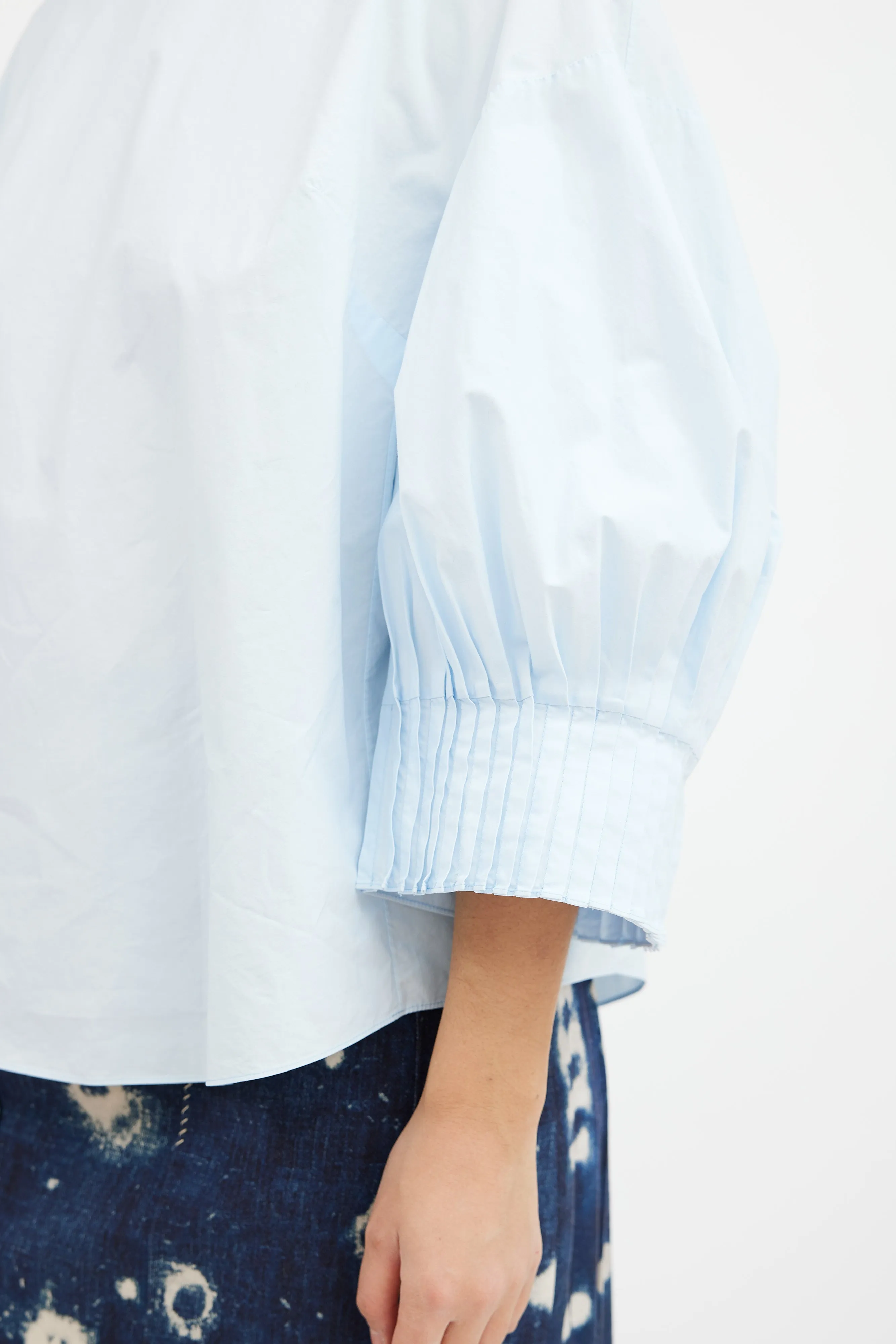 Blue Poplin Pleated Sleeve Top