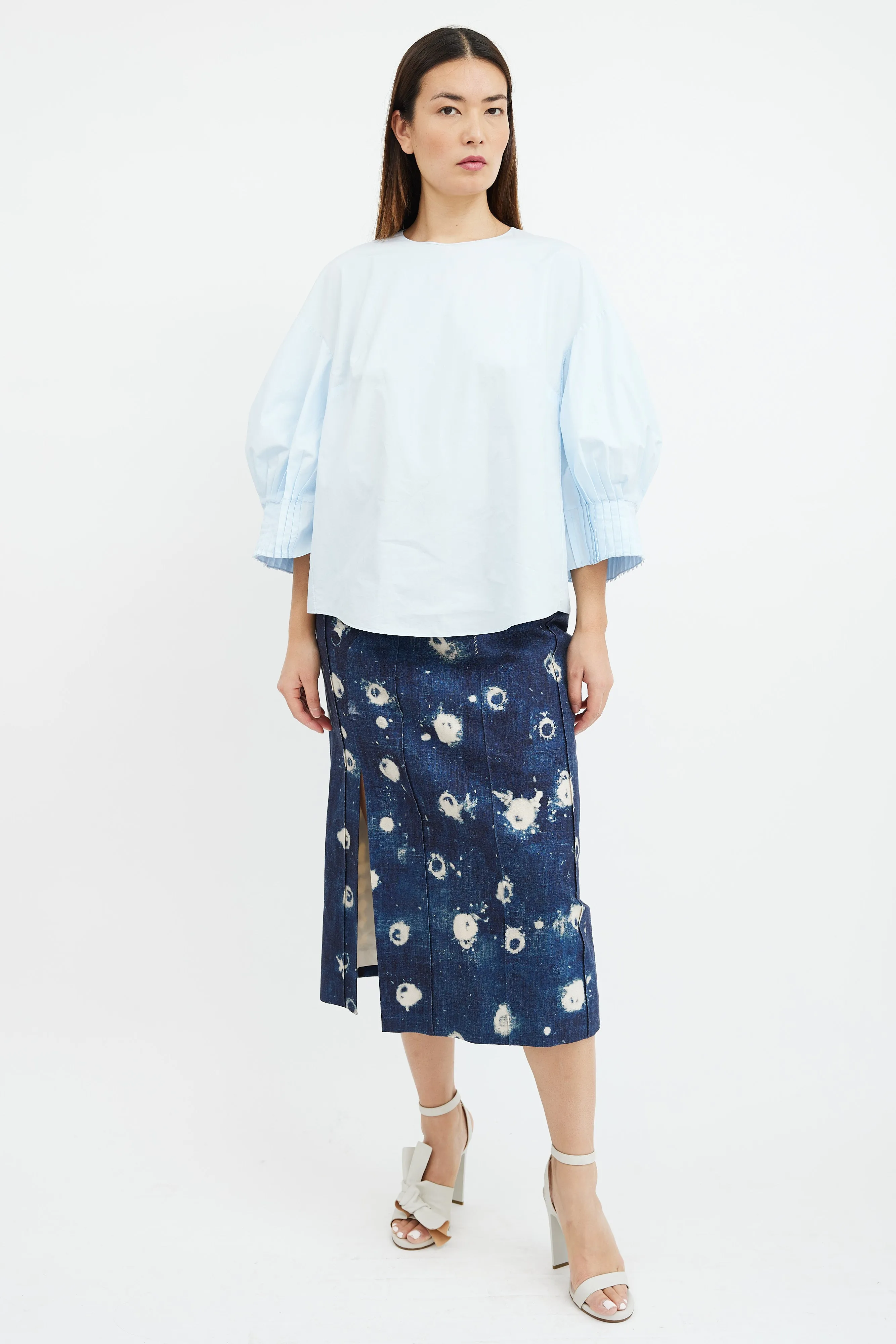 Blue Poplin Pleated Sleeve Top