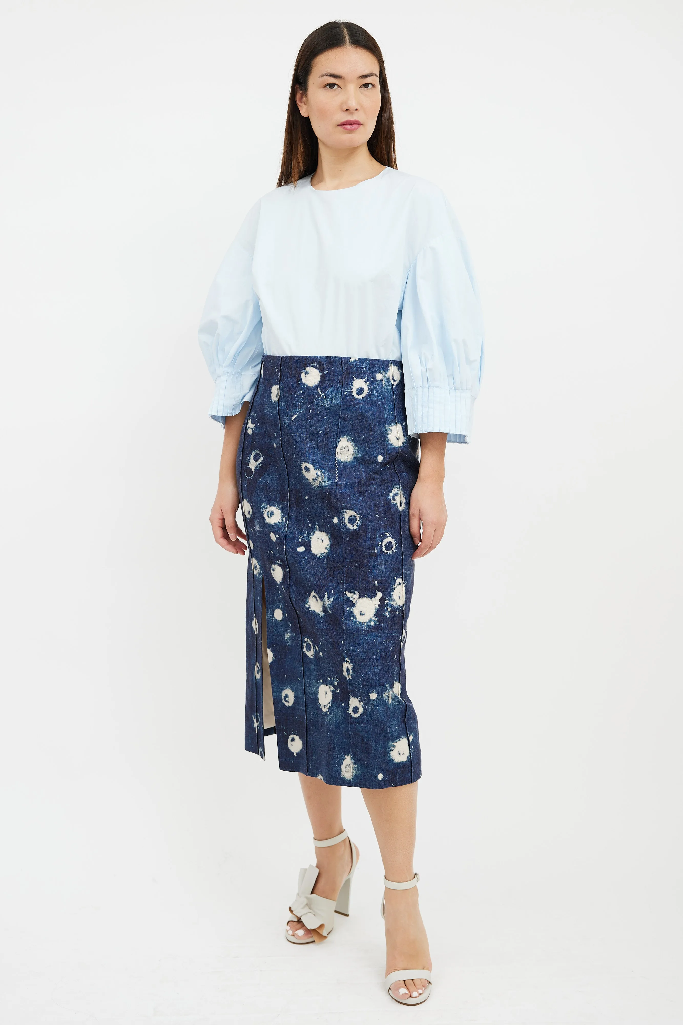 Blue Poplin Pleated Sleeve Top
