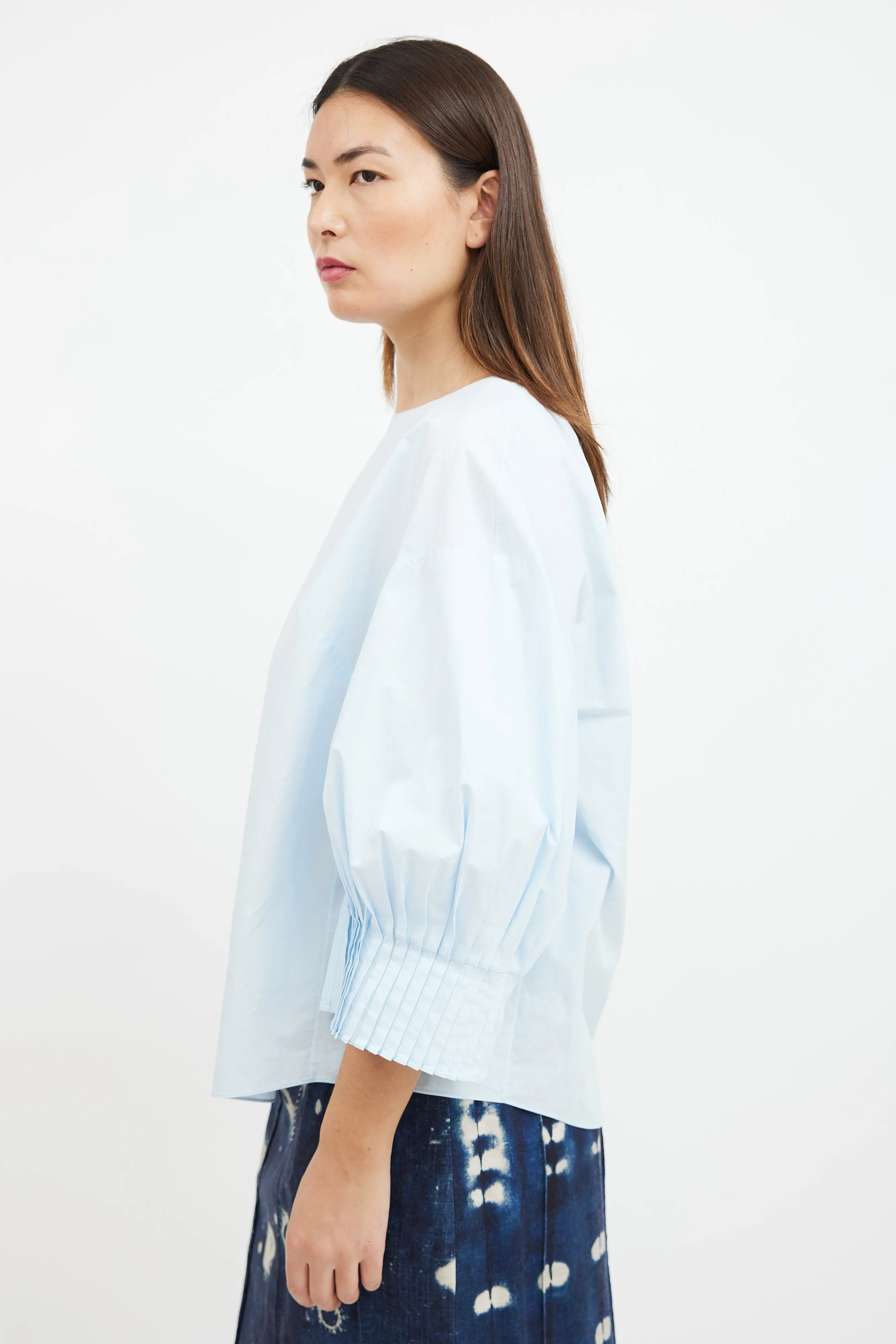 Blue Poplin Pleated Sleeve Top