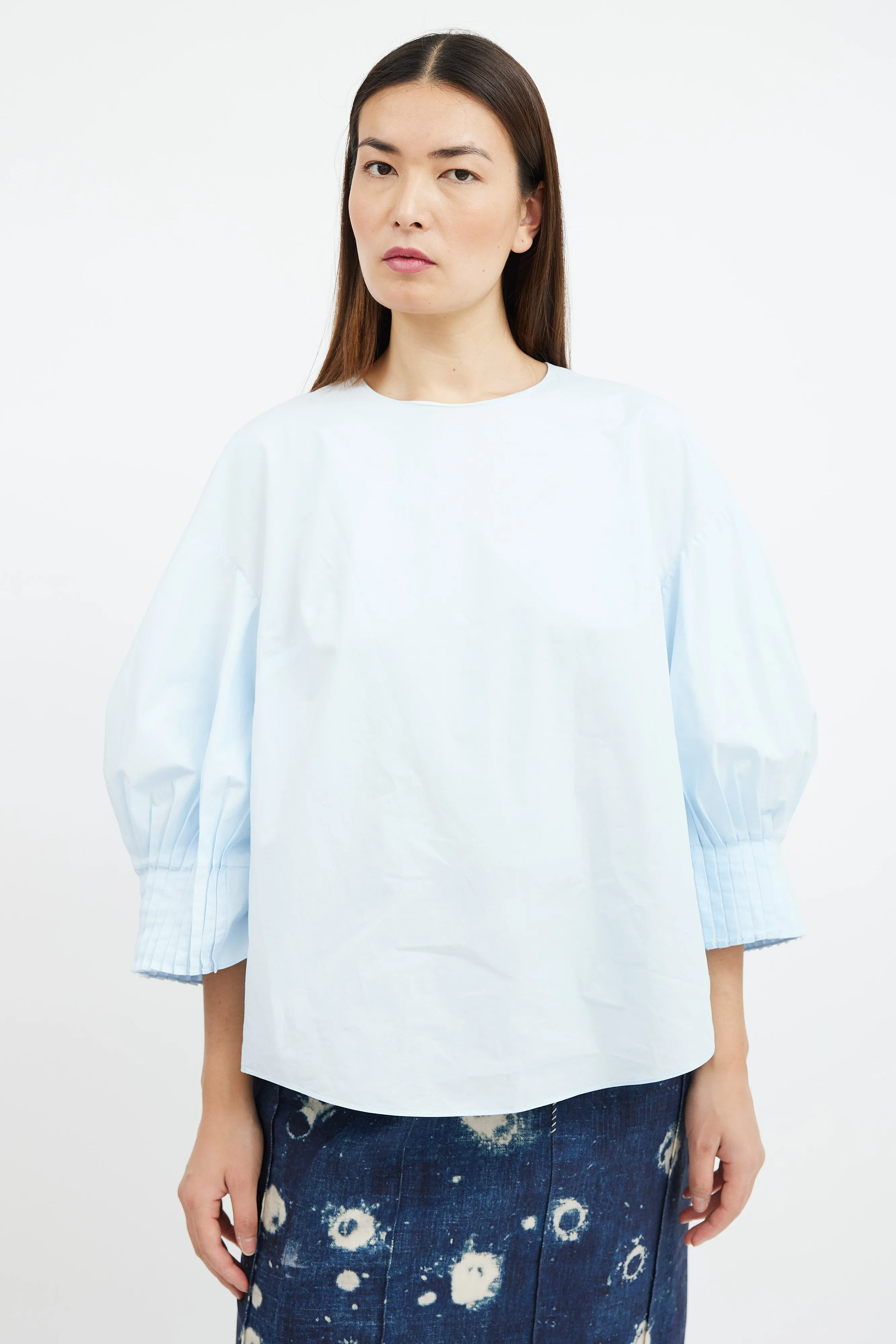 Blue Poplin Pleated Sleeve Top