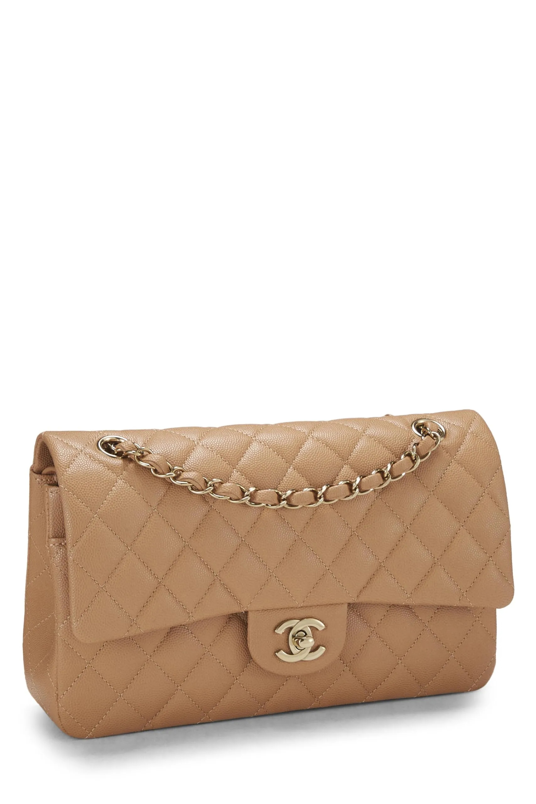 Chanel,  Beige Quilted Caviar Classic Double Flap Medium, Beige
