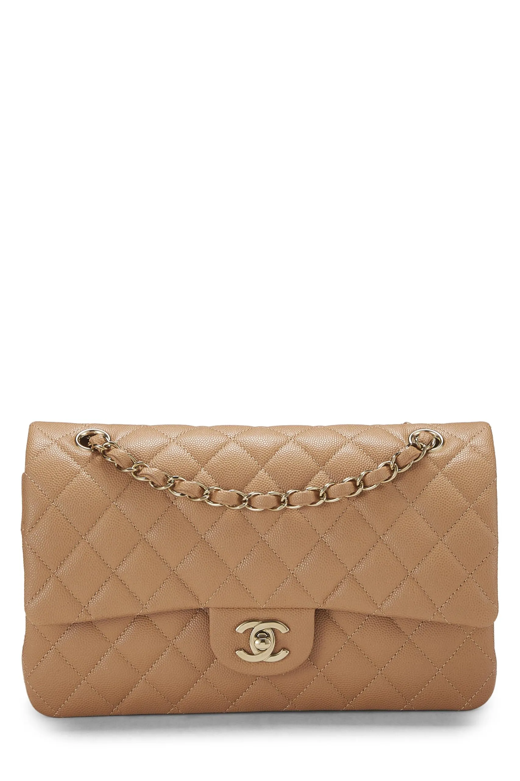 Chanel,  Beige Quilted Caviar Classic Double Flap Medium, Beige