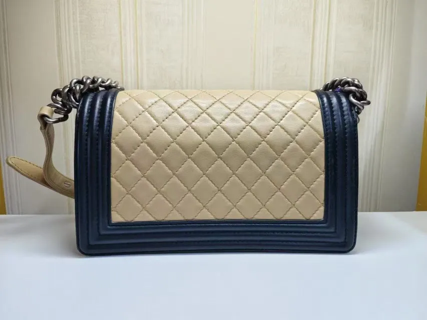 Chanel Leboy Beige Navy Quilted Leather Handbag Medium Size