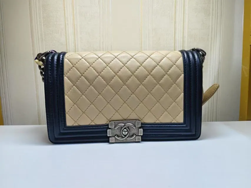 Chanel Leboy Beige Navy Quilted Leather Handbag Medium Size