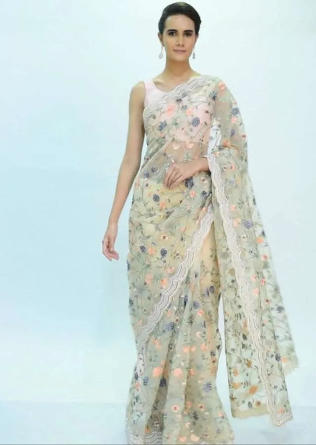 Cream organza saree with floral jaal work only on kalki