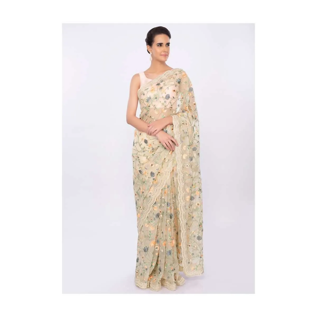 Cream organza saree with floral jaal work only on kalki