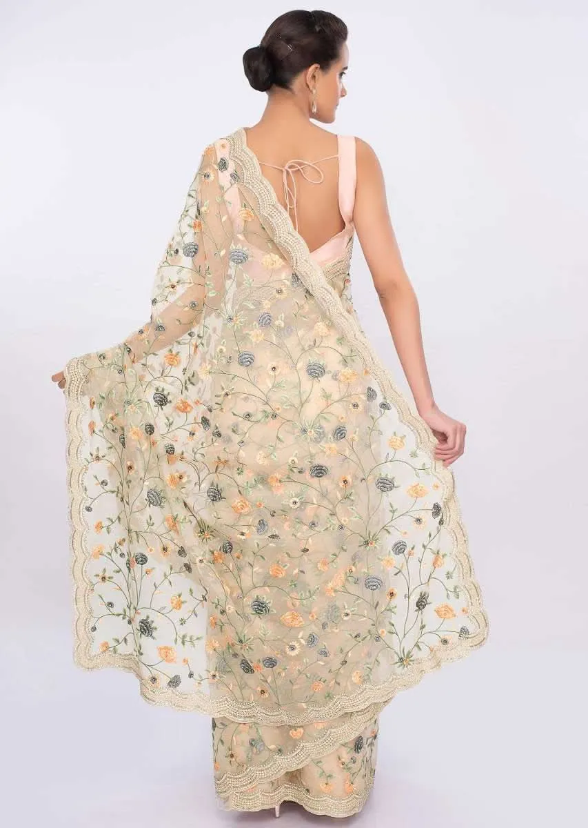 Cream organza saree with floral jaal work only on kalki
