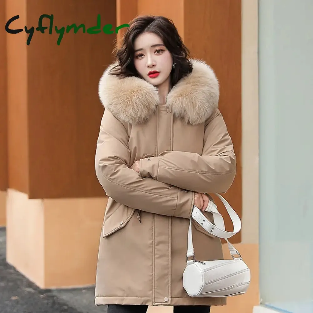 Cyflymder Women Parka Fashion Long Coat Wool Liner Hooded Parkas New Winter Jacket Slim with Fur Collar Warm Snow Wear Padded Clothes