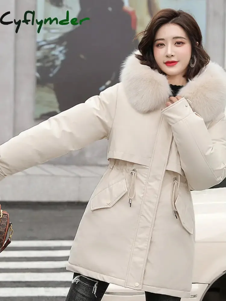 Cyflymder Women Parka Fashion Long Coat Wool Liner Hooded Parkas New Winter Jacket Slim with Fur Collar Warm Snow Wear Padded Clothes