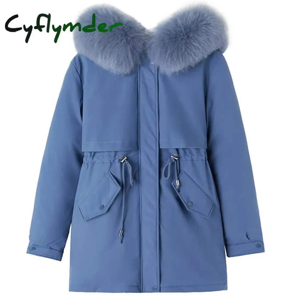 Cyflymder Women Parka Fashion Long Coat Wool Liner Hooded Parkas New Winter Jacket Slim with Fur Collar Warm Snow Wear Padded Clothes