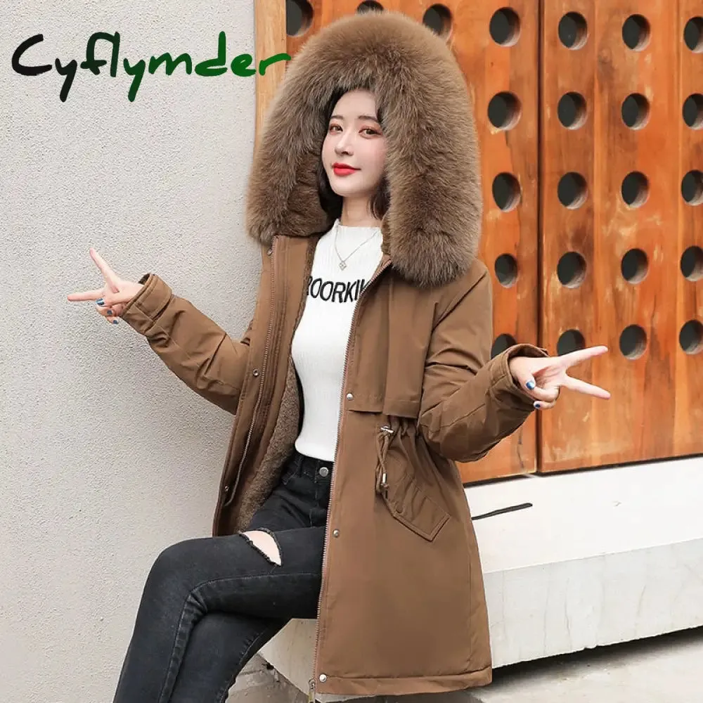 Cyflymder Women Parka Fashion Long Coat Wool Liner Hooded Parkas New Winter Jacket Slim with Fur Collar Warm Snow Wear Padded Clothes
