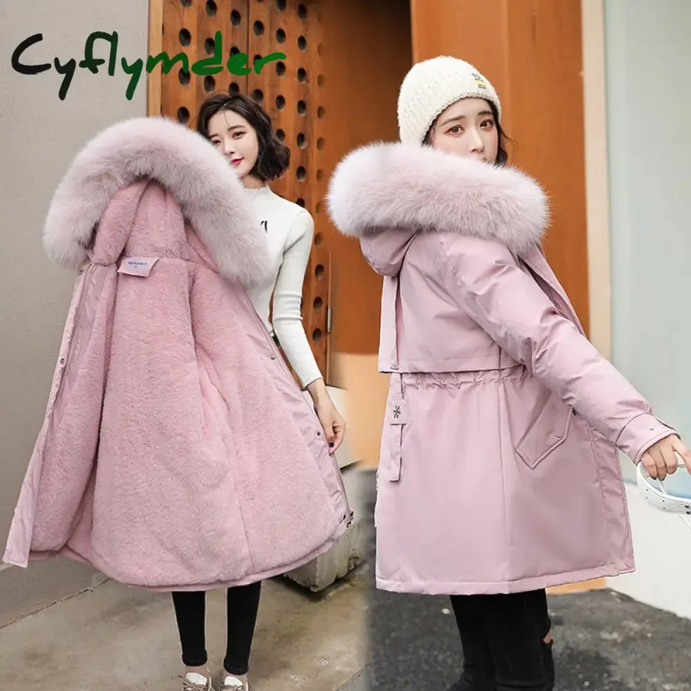 Cyflymder Women Parka Fashion Long Coat Wool Liner Hooded Parkas New Winter Jacket Slim with Fur Collar Warm Snow Wear Padded Clothes
