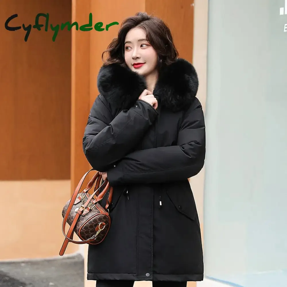 Cyflymder Women Parka Fashion Long Coat Wool Liner Hooded Parkas New Winter Jacket Slim with Fur Collar Warm Snow Wear Padded Clothes