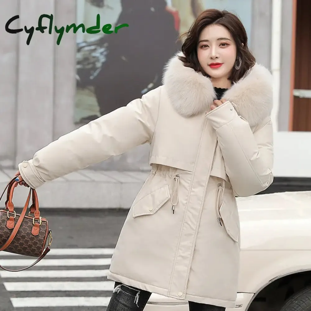 Cyflymder Women Parka Fashion Long Coat Wool Liner Hooded Parkas New Winter Jacket Slim with Fur Collar Warm Snow Wear Padded Clothes