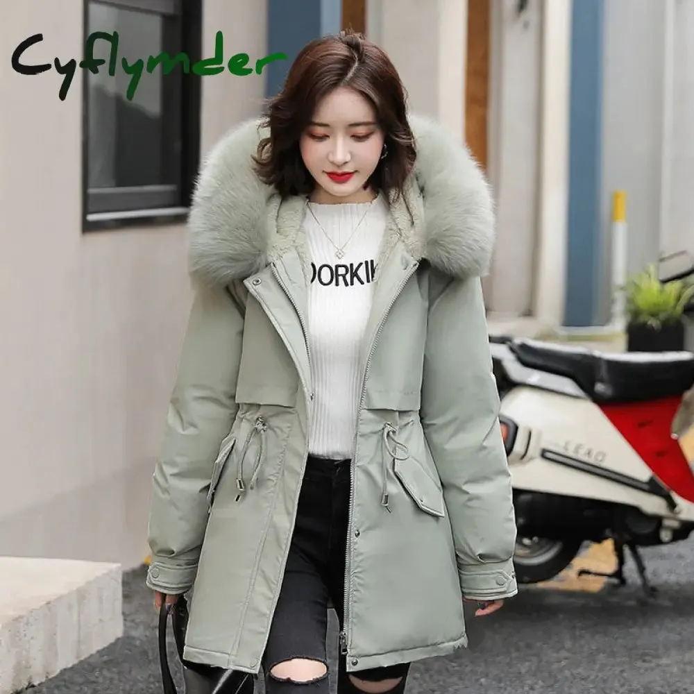 Cyflymder Women Parka Fashion Long Coat Wool Liner Hooded Parkas New Winter Jacket Slim with Fur Collar Warm Snow Wear Padded Clothes
