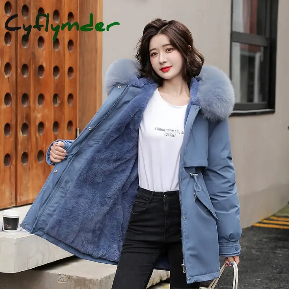 Cyflymder Women Parka Fashion Long Coat Wool Liner Hooded Parkas New Winter Jacket Slim with Fur Collar Warm Snow Wear Padded Clothes