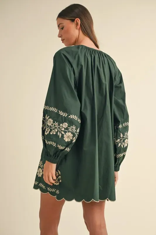 Forest Green Embroidered Peasant Mini Dress