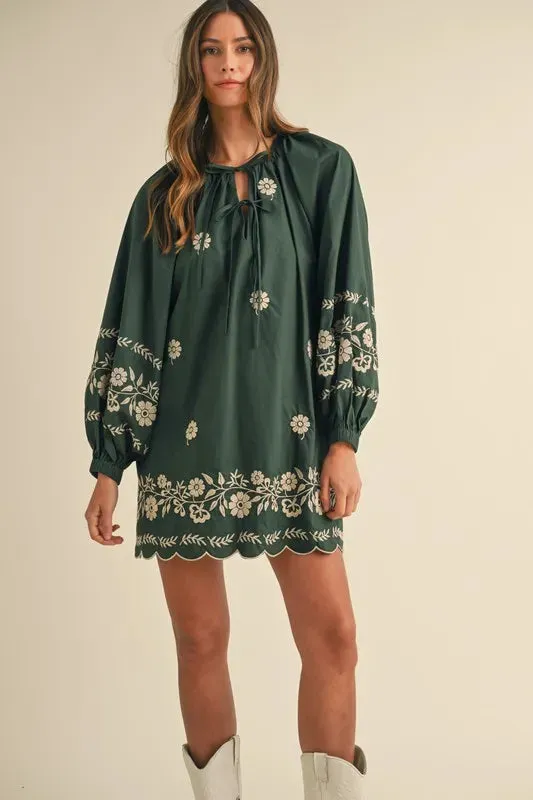 Forest Green Embroidered Peasant Mini Dress
