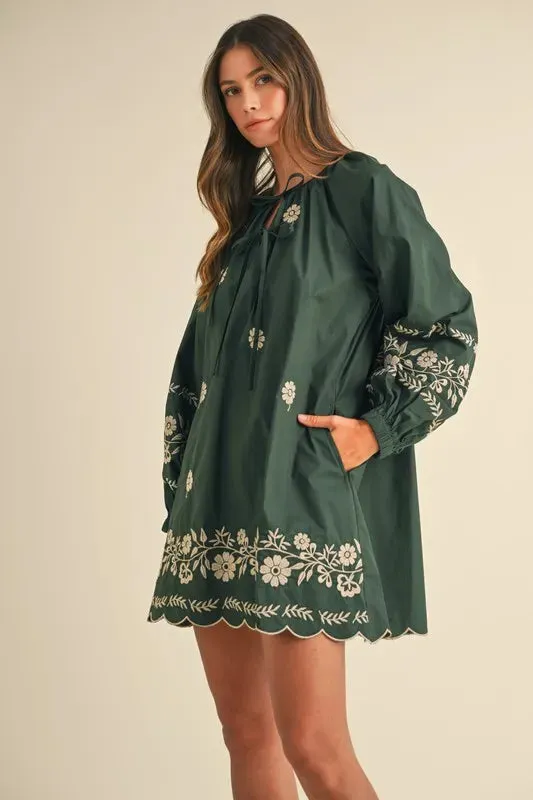 Forest Green Embroidered Peasant Mini Dress
