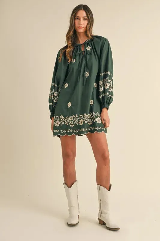 Forest Green Embroidered Peasant Mini Dress