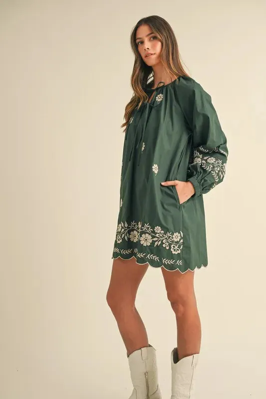 Forest Green Embroidered Peasant Mini Dress