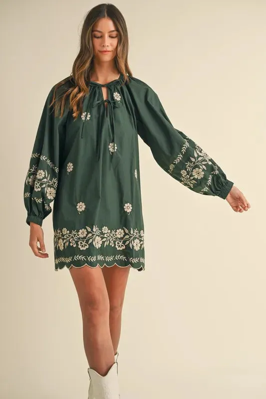 Forest Green Embroidered Peasant Mini Dress