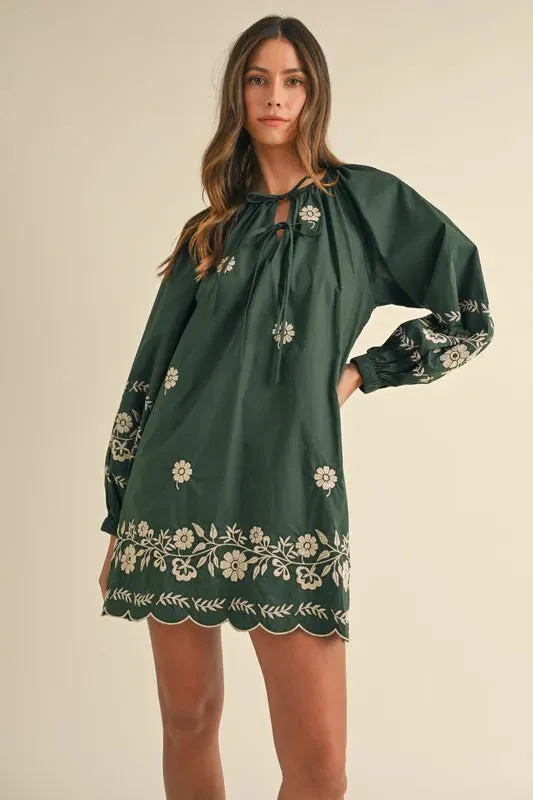 Forest Green Embroidered Peasant Mini Dress