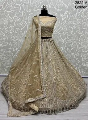 Golden Colour Wedding Designer Heavy Net Multi Thread work Dori Embroidery with Fancy Dupatta Bridal Lehenga Choli