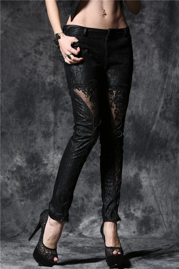Gothic embossed lace leather pants with sexy flower and cords PW078
