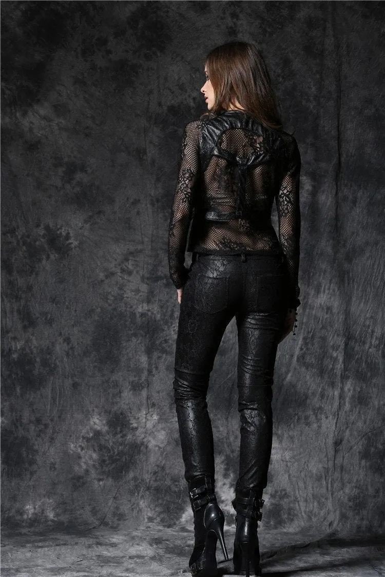 Gothic embossed lace leather pants with sexy flower and cords PW078