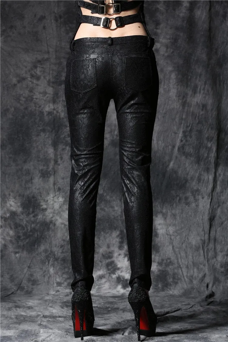 Gothic embossed lace leather pants with sexy flower and cords PW078