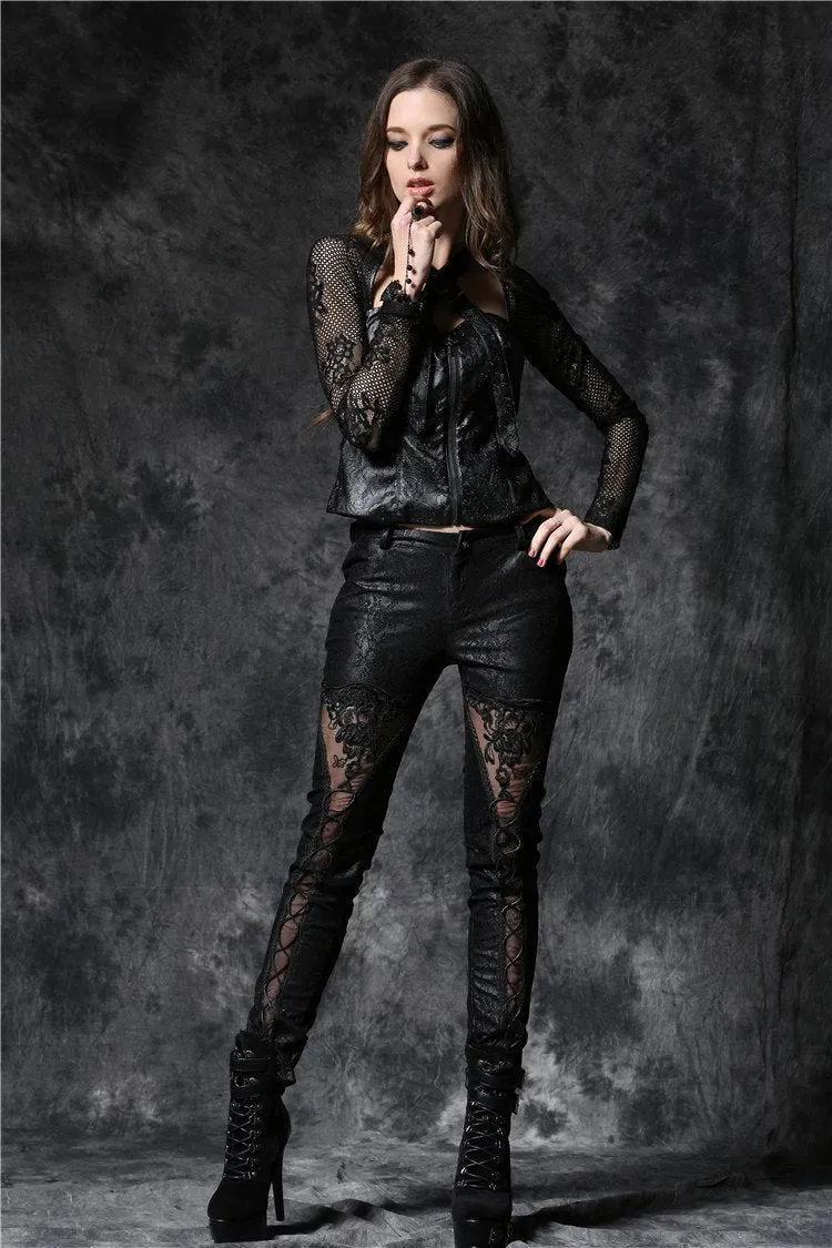 Gothic embossed lace leather pants with sexy flower and cords PW078