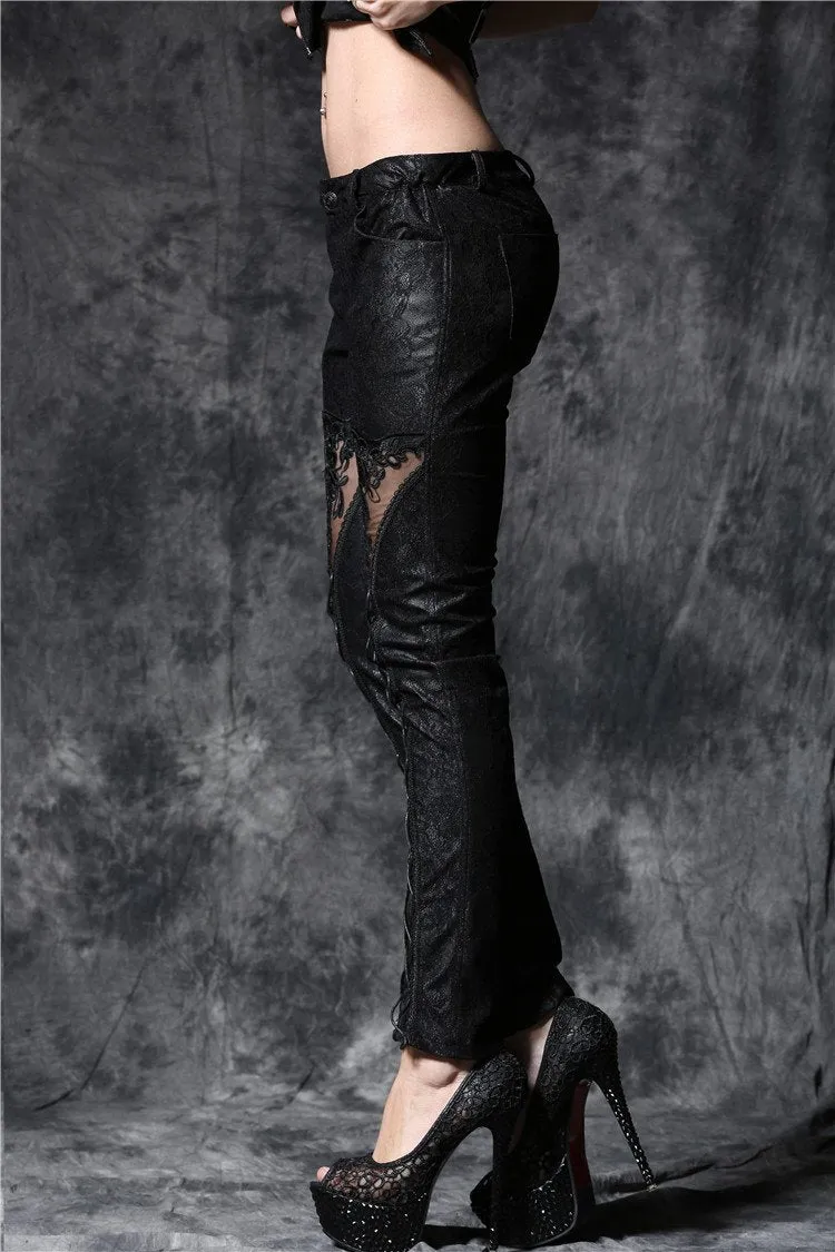 Gothic embossed lace leather pants with sexy flower and cords PW078