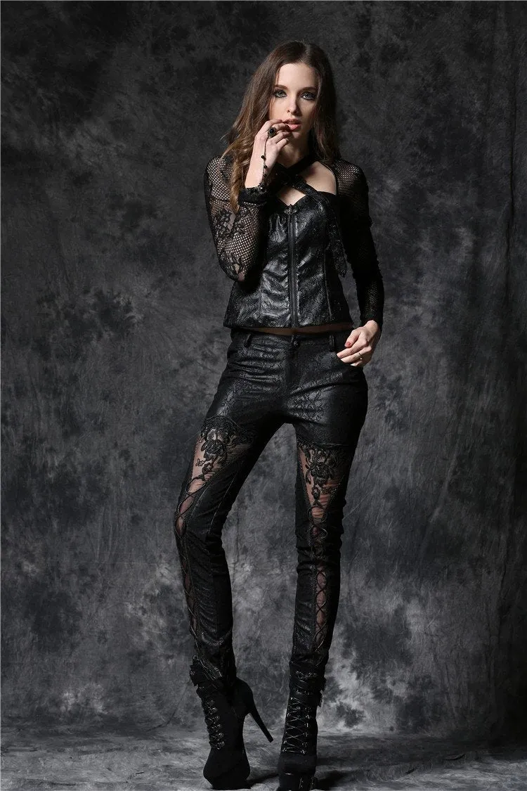 Gothic embossed lace leather pants with sexy flower and cords PW078