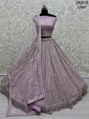 Lilac Colour Wedding Designer Heavy Net Multi Thread work Dori Embroidery with Fancy Dupatta Bridal Lehenga Choli
