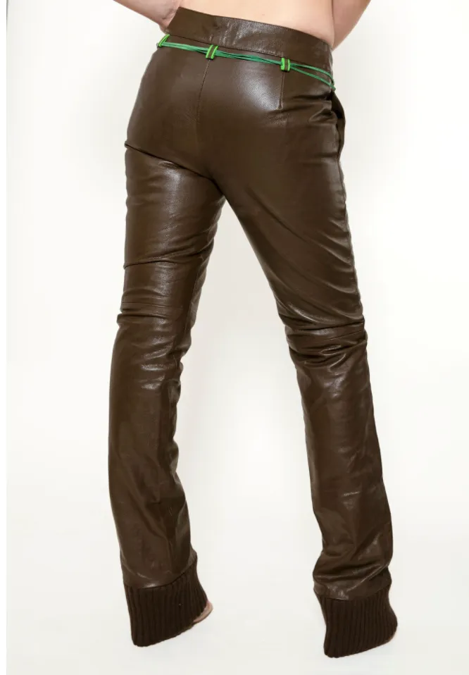 Miu Miu Brown Leather Pants with Ribbed Cuff