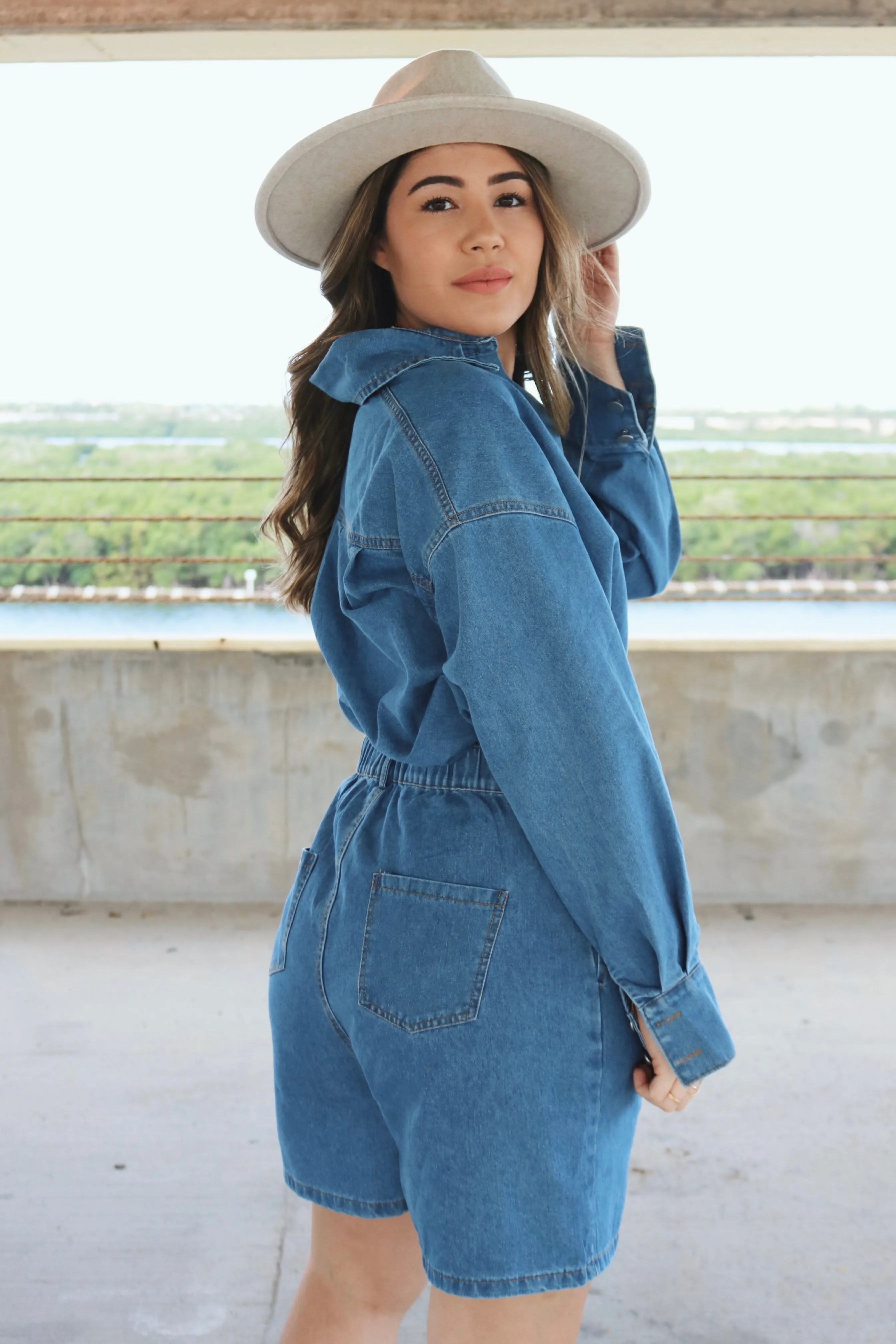 'Valeria' Cotton Button Down Blouse and High Waisted Short Set in Denim