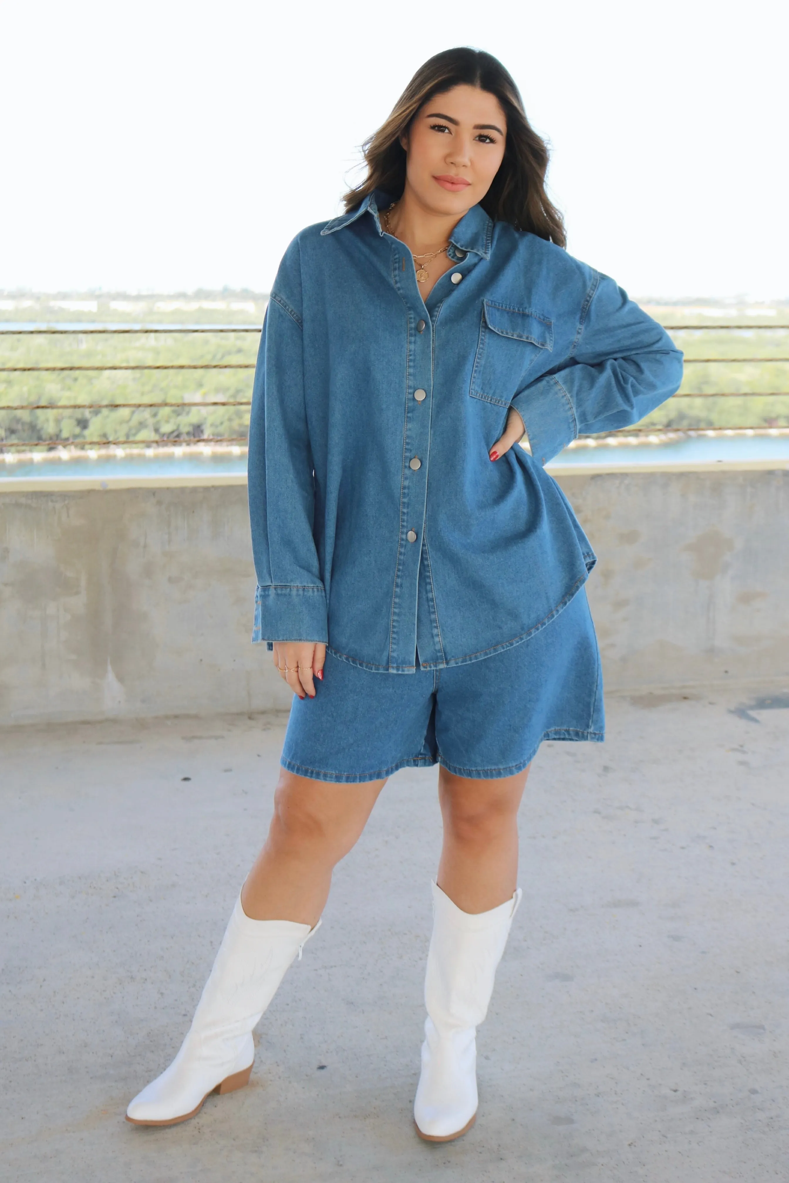 'Valeria' Cotton Button Down Blouse and High Waisted Short Set in Denim