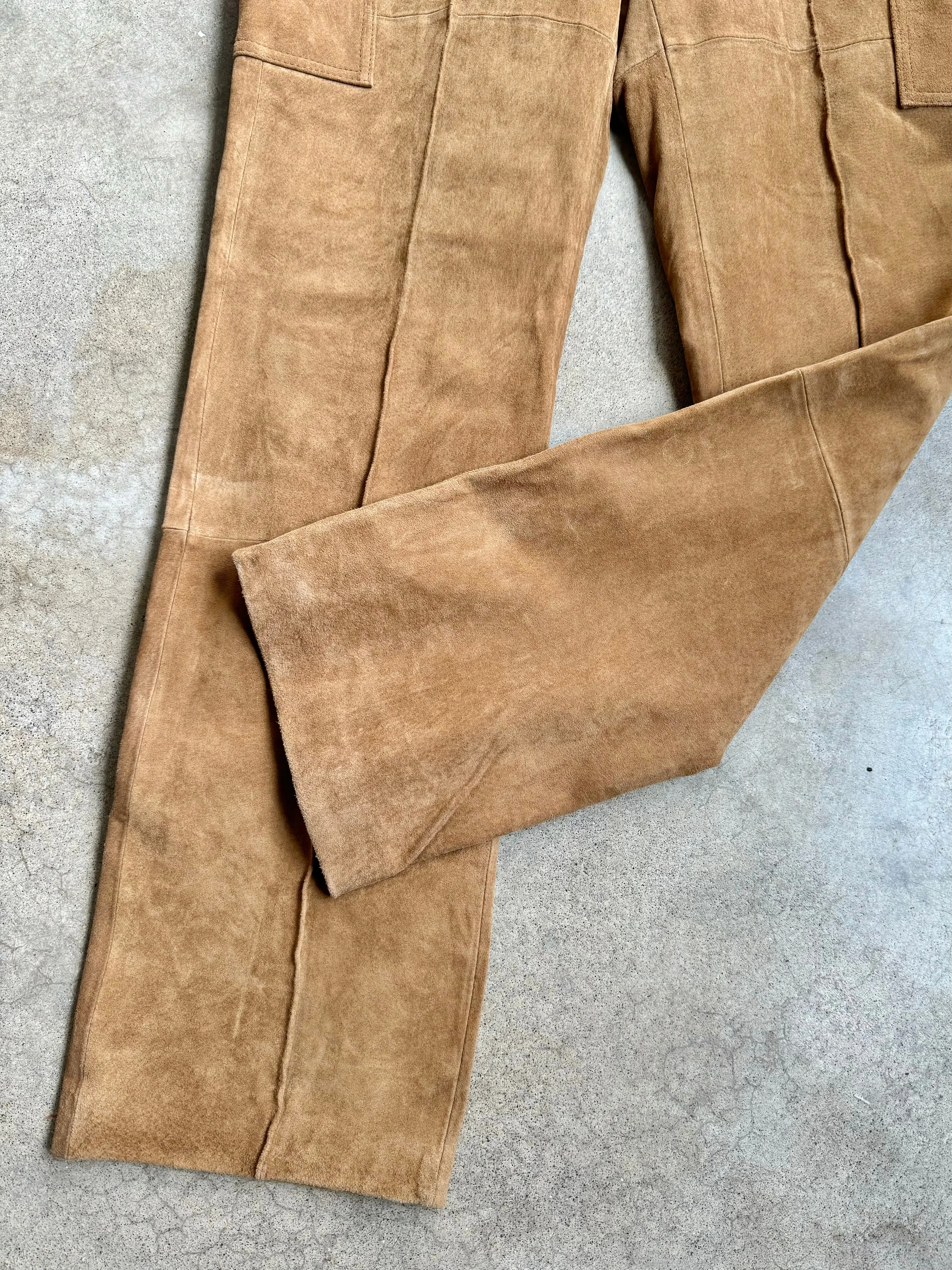 Y2K Massini Tan Suede Leather Cargo Pants (Waist 28”)