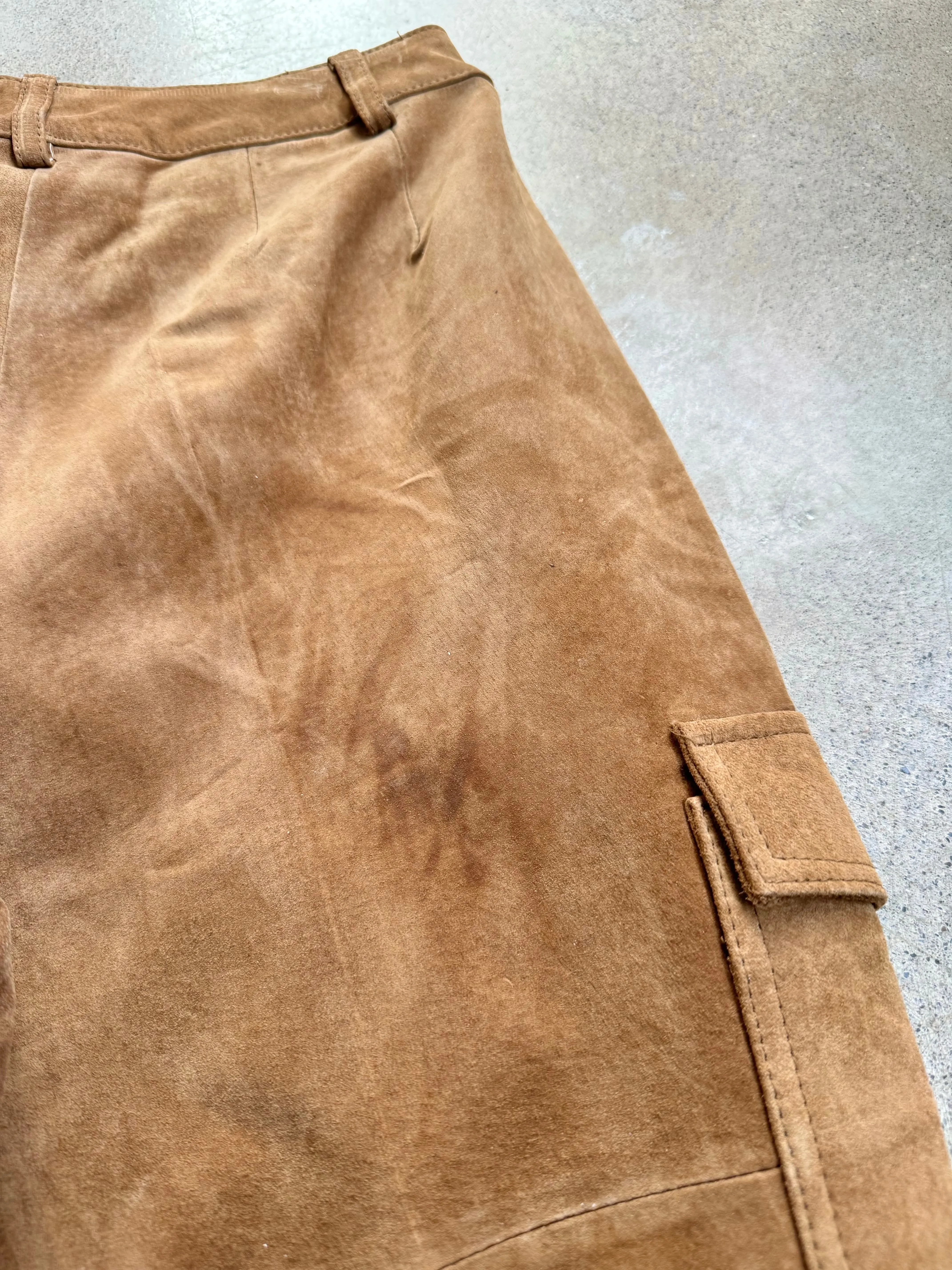 Y2K Massini Tan Suede Leather Cargo Pants (Waist 28”)