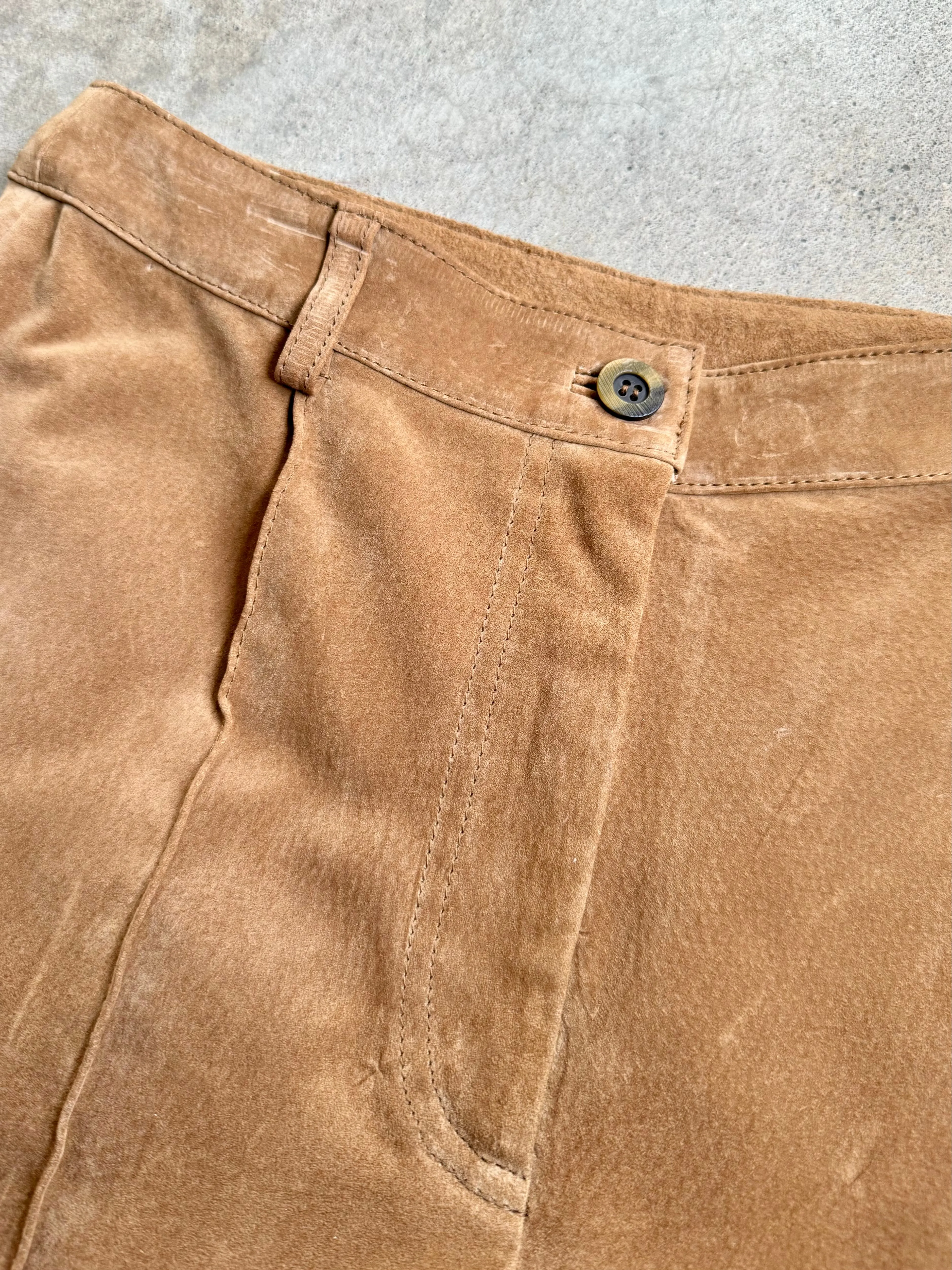 Y2K Massini Tan Suede Leather Cargo Pants (Waist 28”)