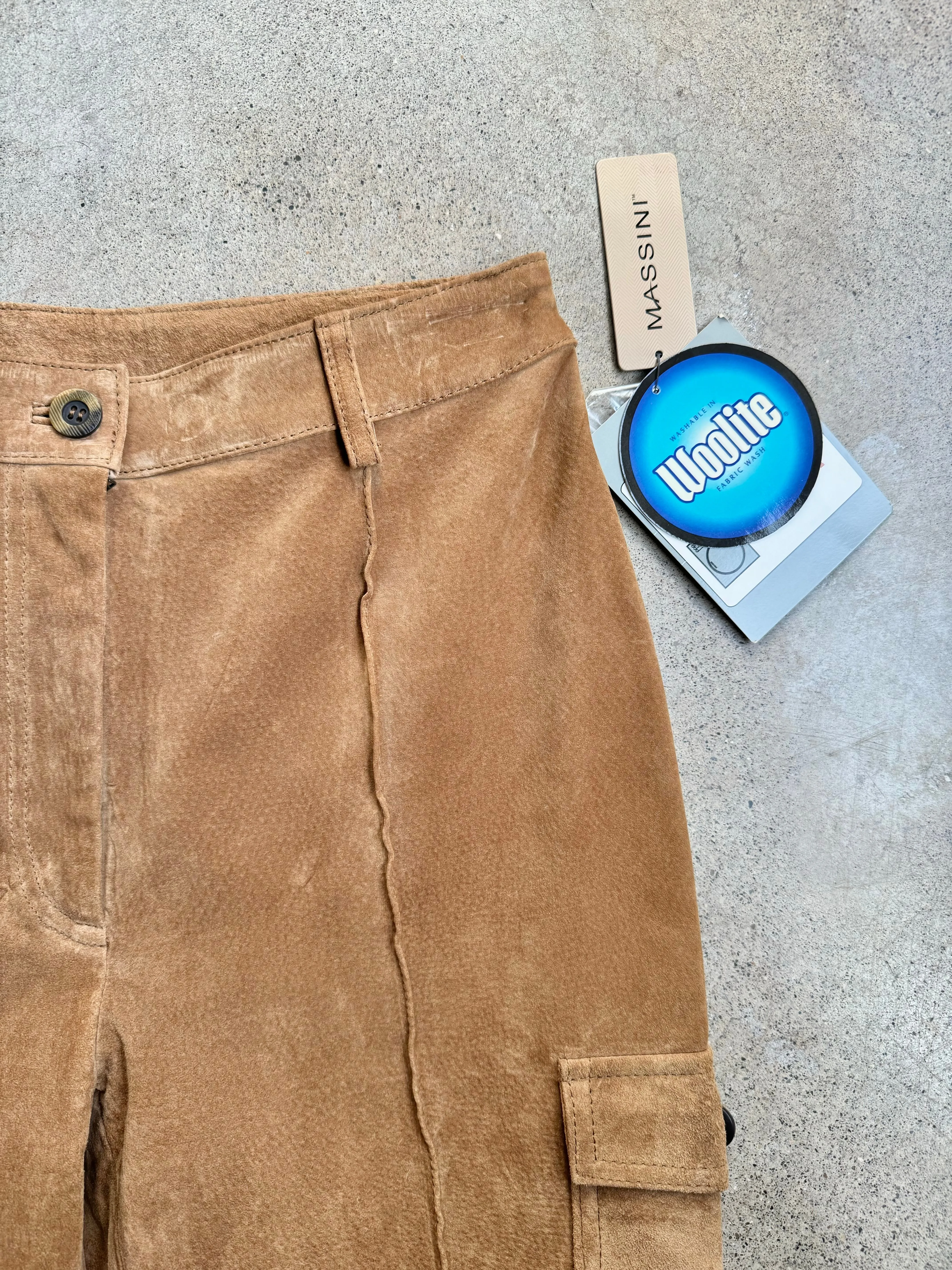Y2K Massini Tan Suede Leather Cargo Pants (Waist 28”)