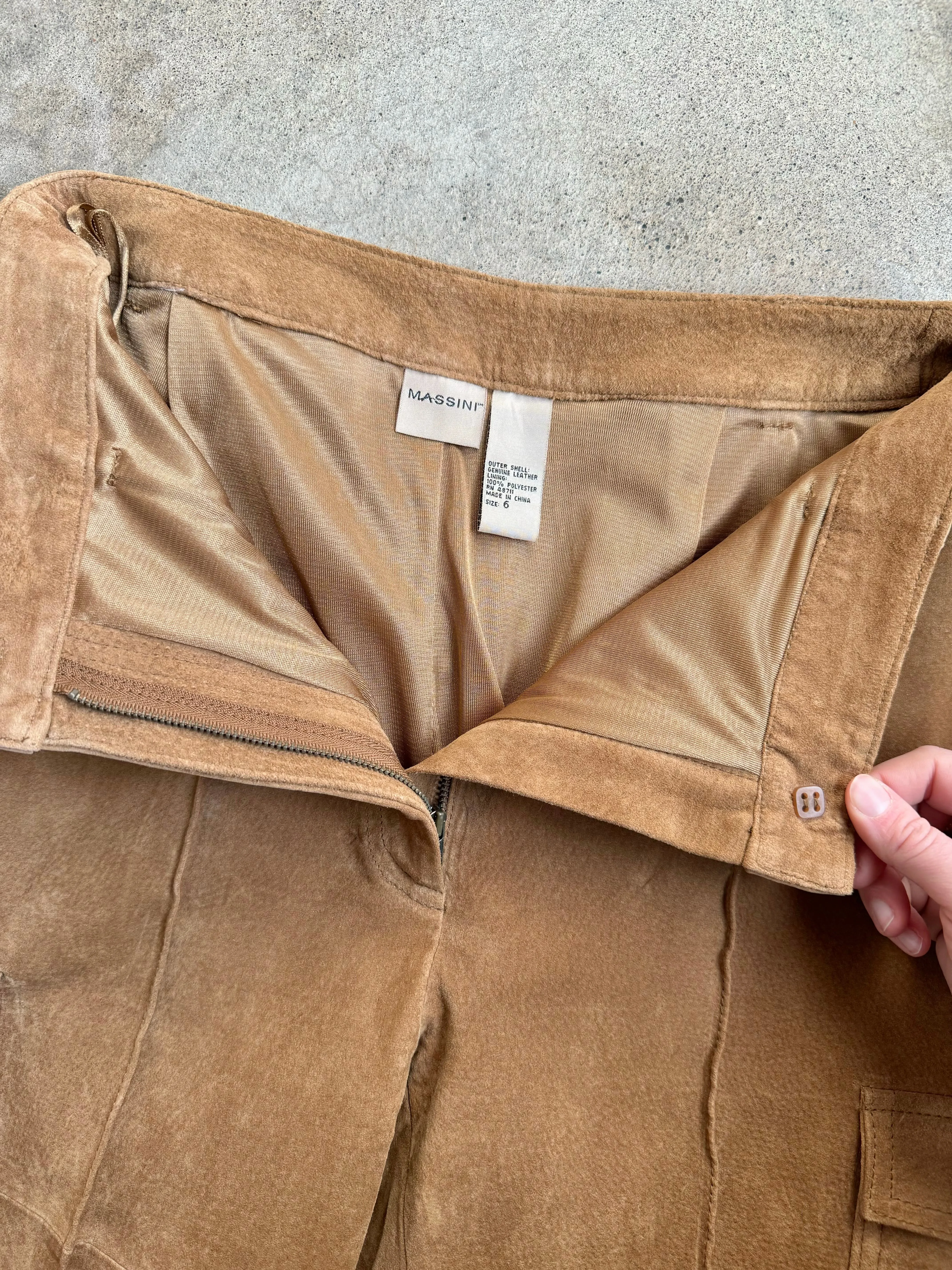Y2K Massini Tan Suede Leather Cargo Pants (Waist 28”)